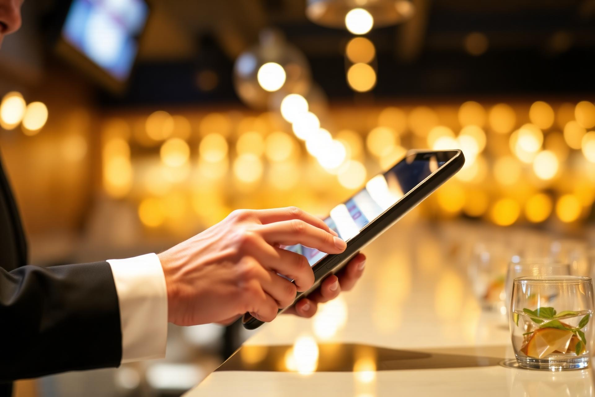 Server using SkyTab POS tablet at a restaurant bar
